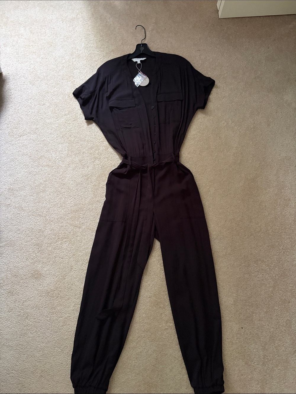 Apricot -New Women's Black Utility Jumpsuit - Classic Button-Front with pockets